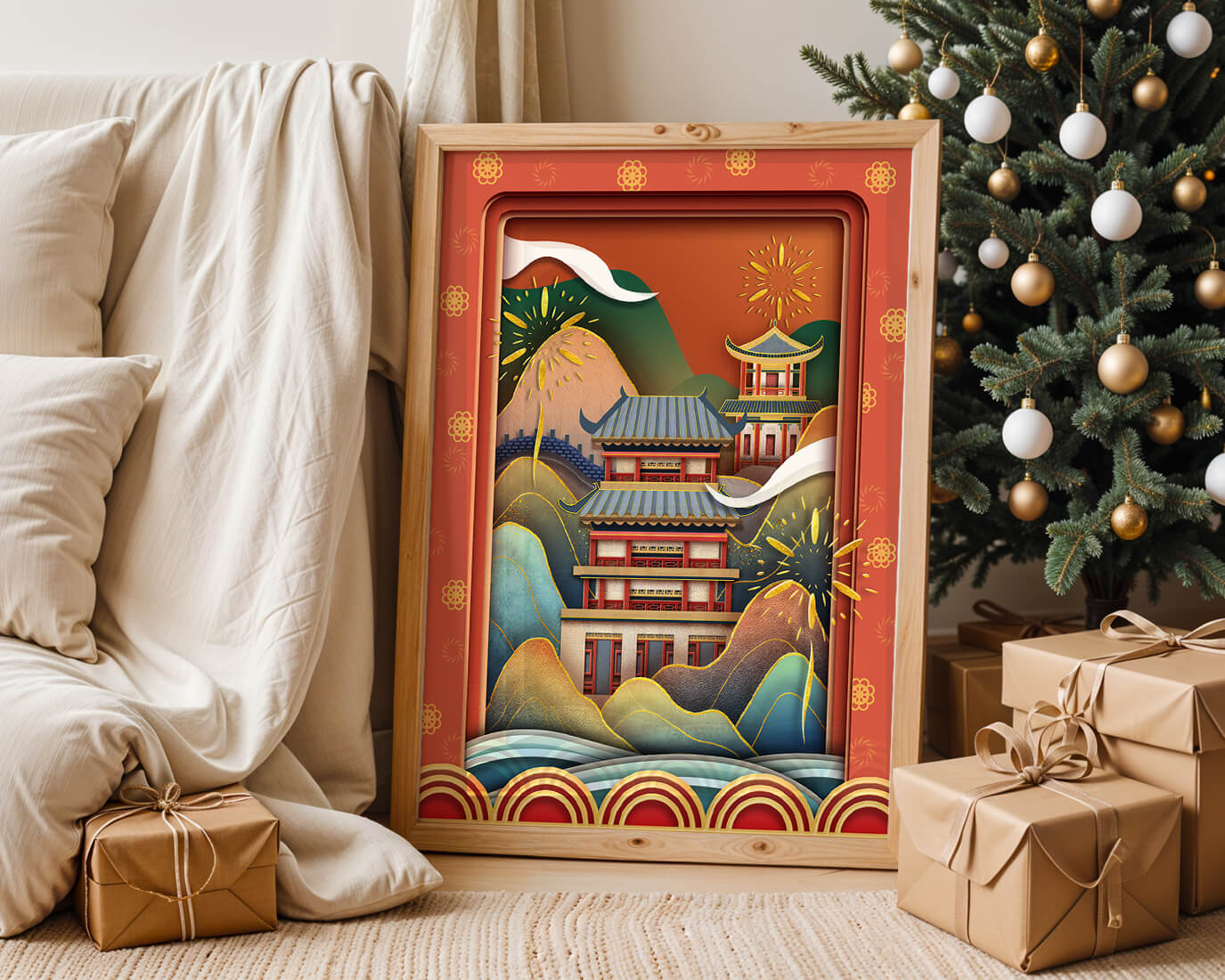 Traditional Asian architecture with fireworks and vibrant mountains