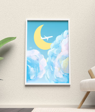 Ilustración de cielo panorámico con avión y luna creciente