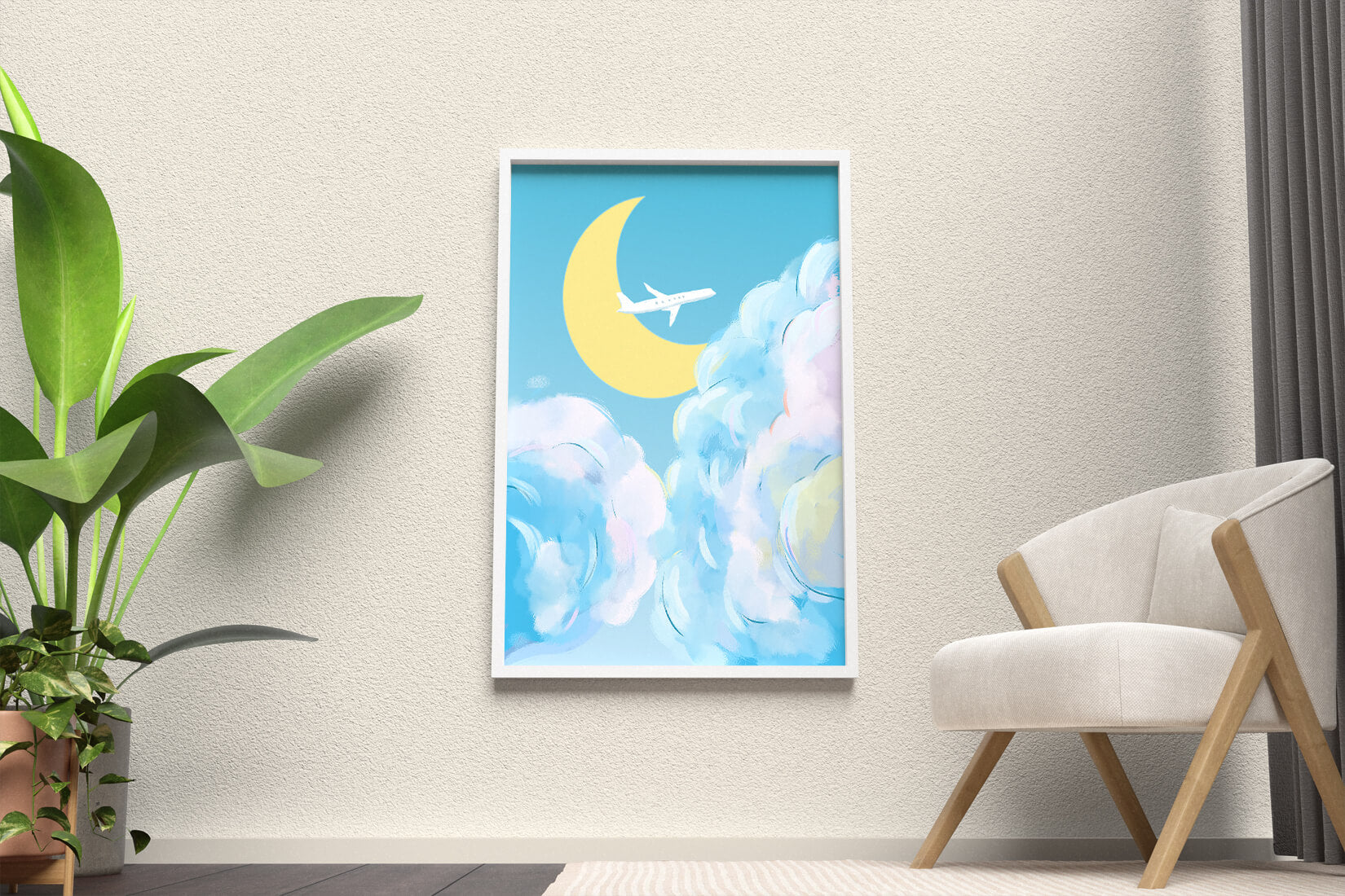 Scenic sky illustration with airplane and crescent moon