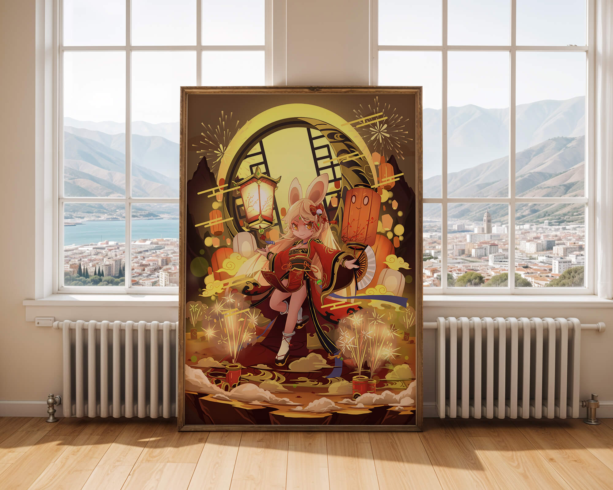 Festive celebration with a lantern-carrying character amidst fireworks and moonlight