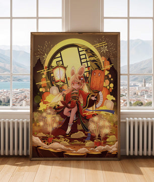 Festive celebration with a lantern-carrying character amidst fireworks and moonlight