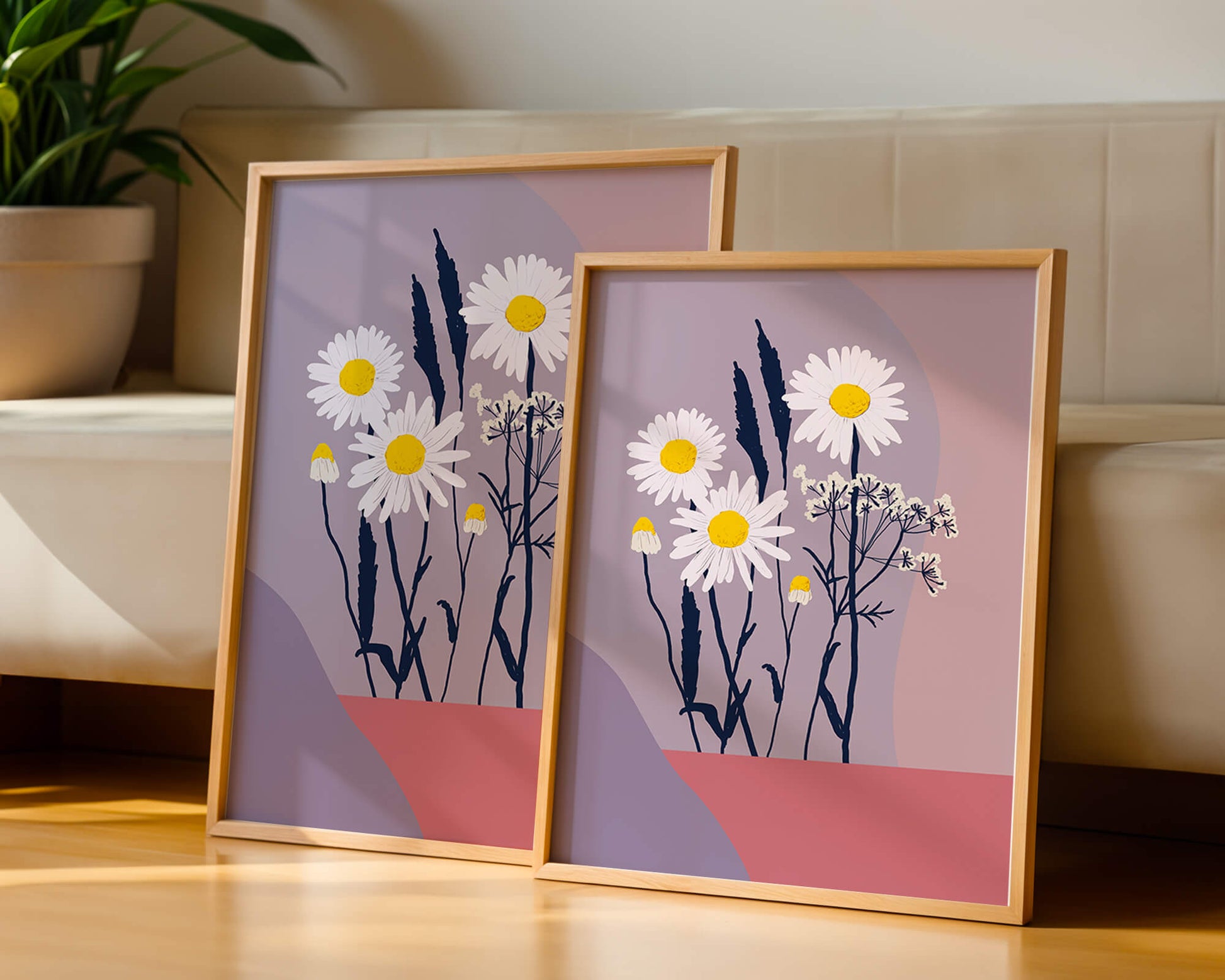 Illustrative floral artwork with daisies and abstract background