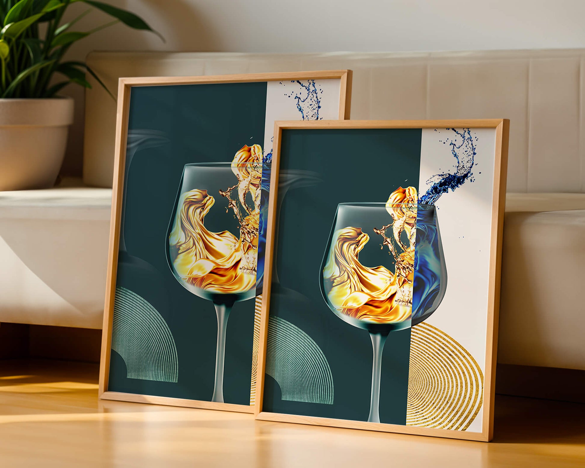 Fusión elegante de líquidos en una copa de vino con elementos dorados y azules