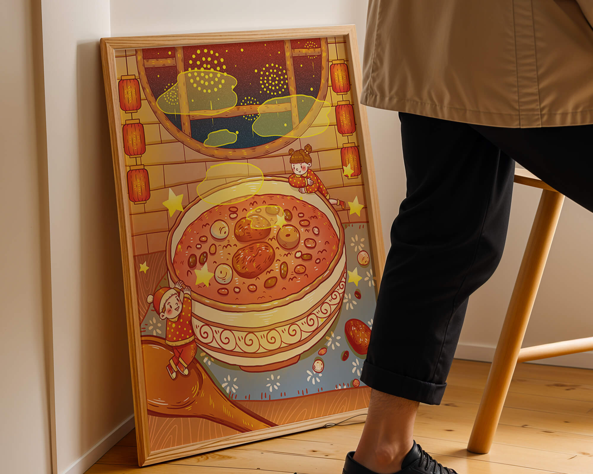 Cozy festive scene with children, a large bowl of soup, and lanterns