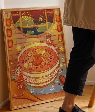 Scène festive et chaleureuse avec des enfants, un grand bol de soupe et des lanternes