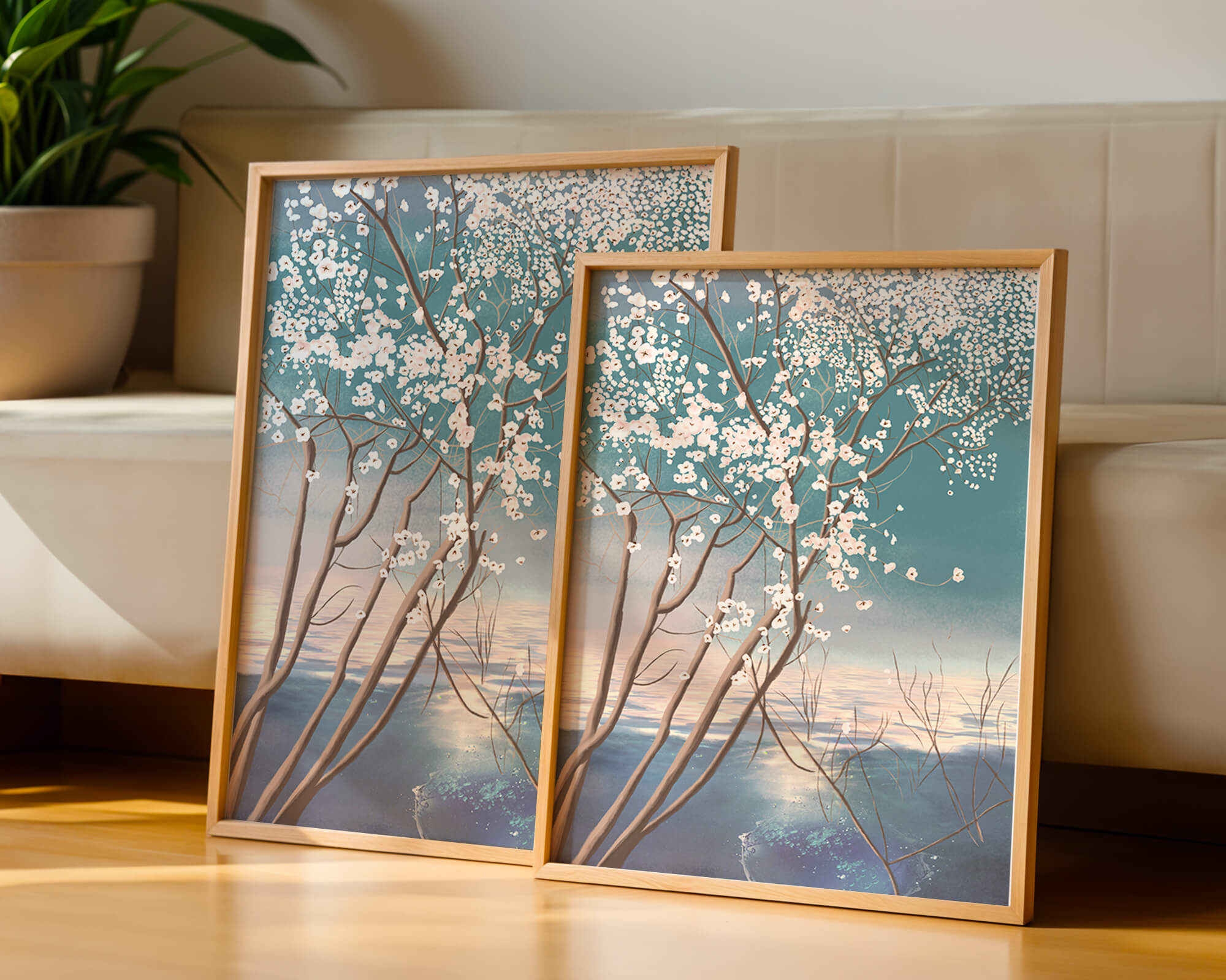 Serene landscape with blossoming tree over calm water reflection