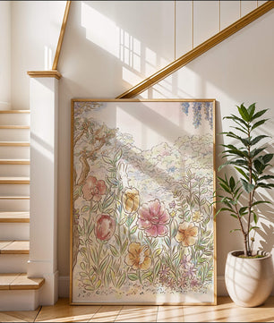 Charming Garden with Bunnies and Blossoming Trees