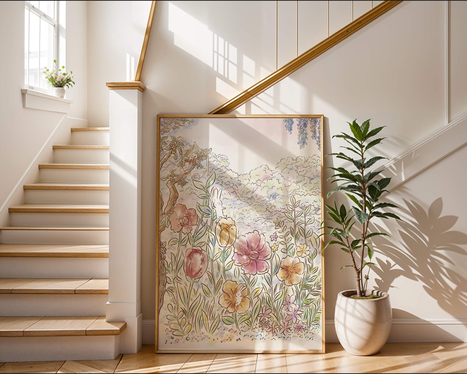 Charming Garden with Bunnies and Blossoming Trees
