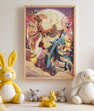 Dynamic anime scene with traditional attire and lanterns
