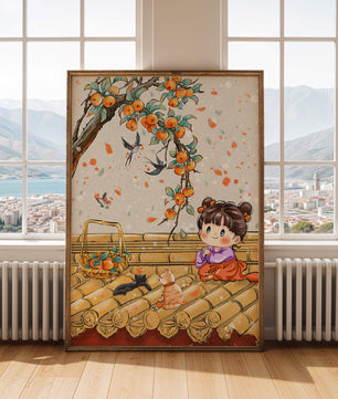 Charming illustration of a child with cats on a rooftop beneath a fruit tree