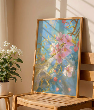 Beautiful Cherry Blossom Branch with Golden Highlights on a Soft Blue Background - Mi tienda