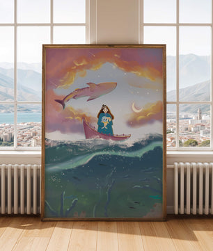Illustration fantaisiste d'une fille sur un bateau avec une baleine volante
