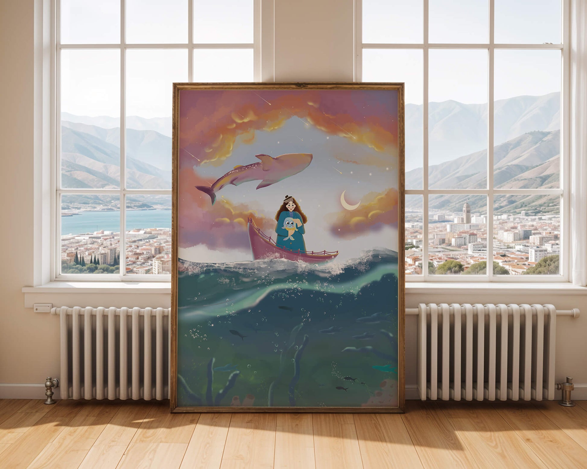 Whimsical illustration of a girl on a boat with a flying whale