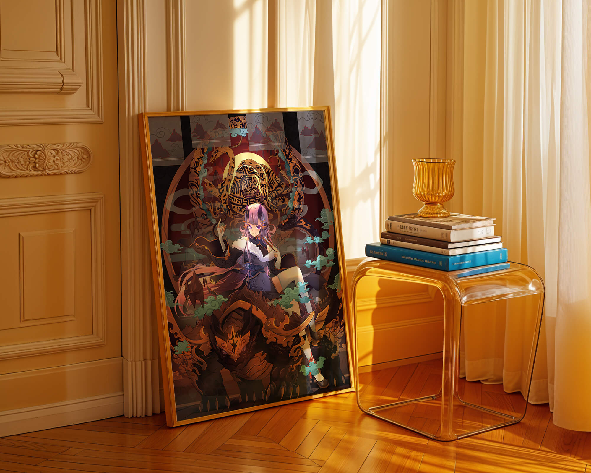 Fantasy character with mythical beast in vibrant illustration