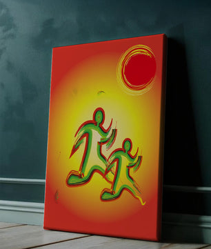 Abstract colorful figures under a vibrant sun with warm tones
