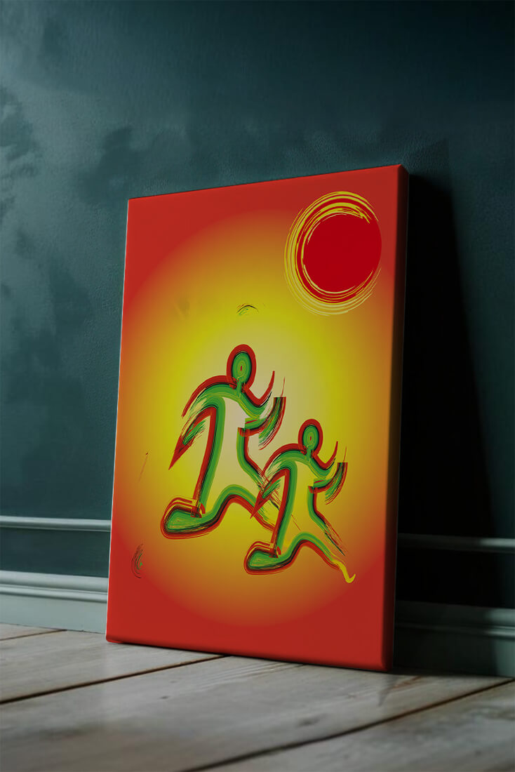 Abstract colorful figures under a vibrant sun with warm tones