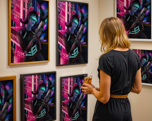 Futuristic Cyborg Woman in Digital Neon Landscape - Mi tienda