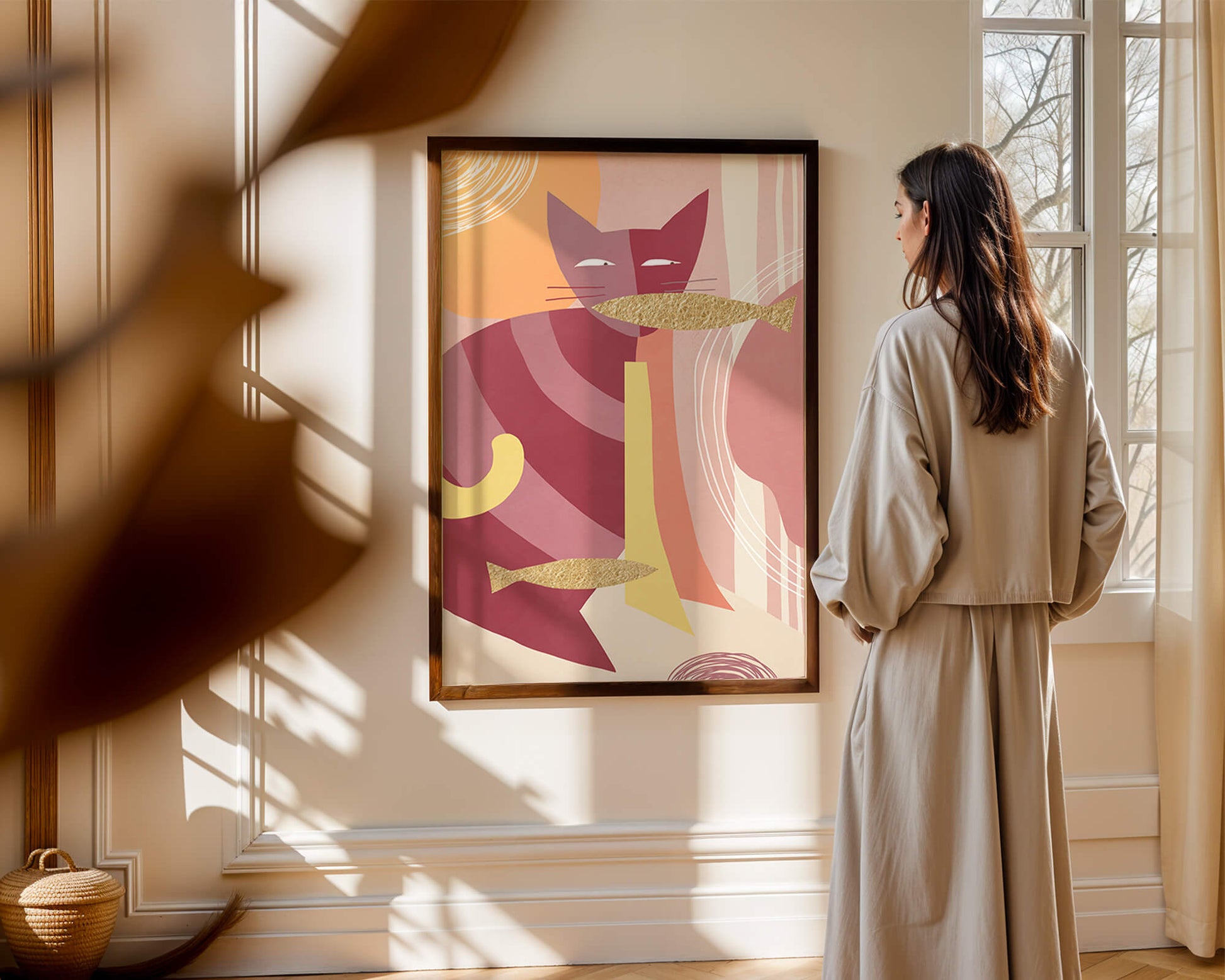 Abstract cat artwork with gold accents and colorful patterns