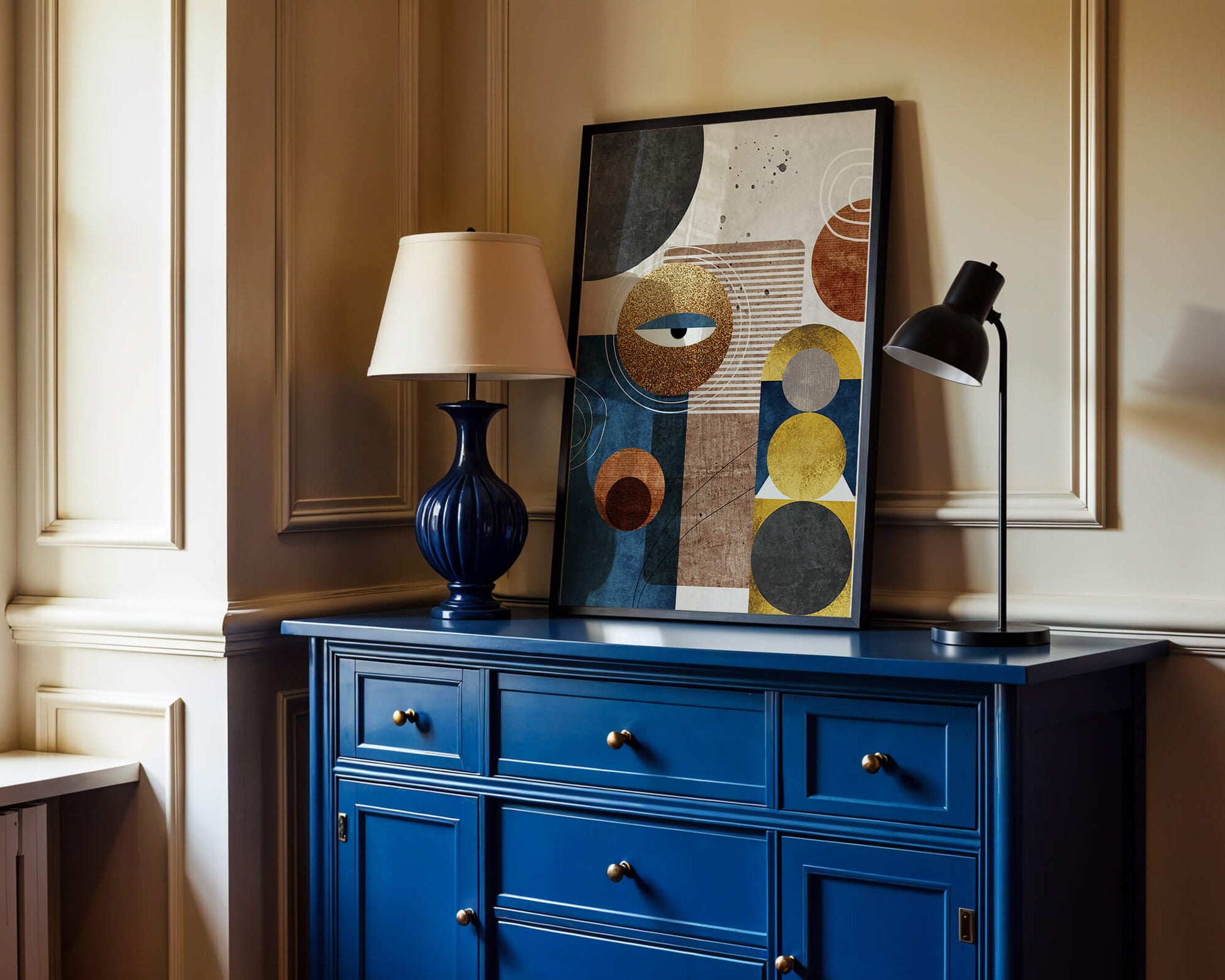 Abstract geometric artwork with gold and blue elements