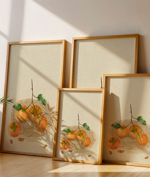 Still Life with Persimmons and Branch on a Neutral Background