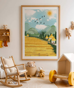 Sunny Countryside With Birds And Golden Fields