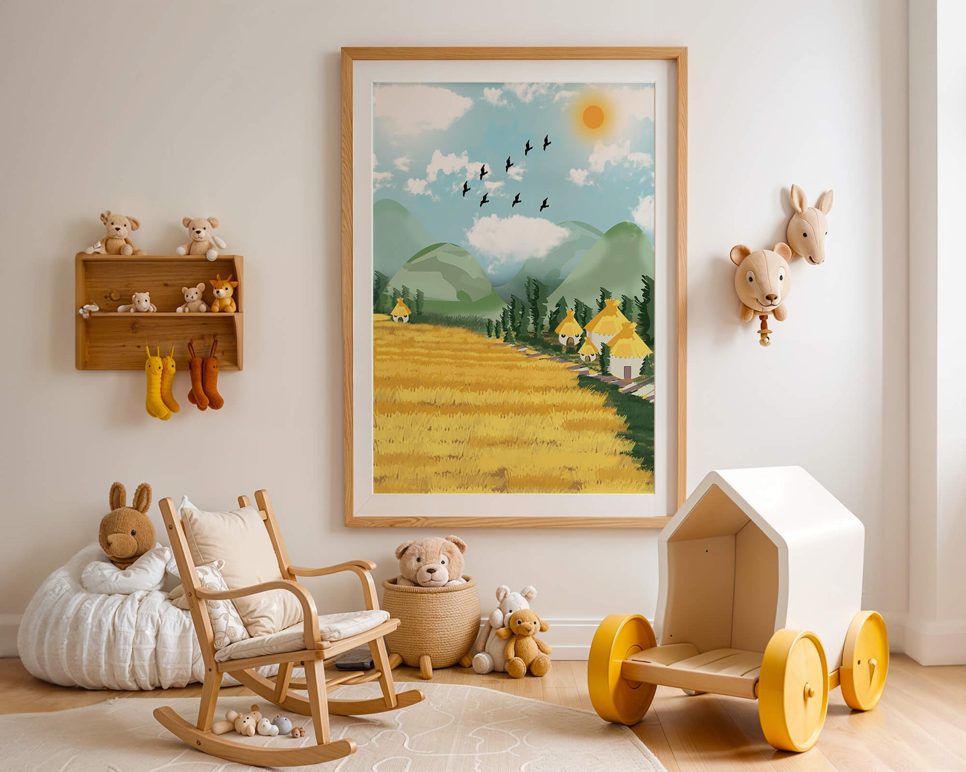 Sunny Countryside With Birds And Golden Fields