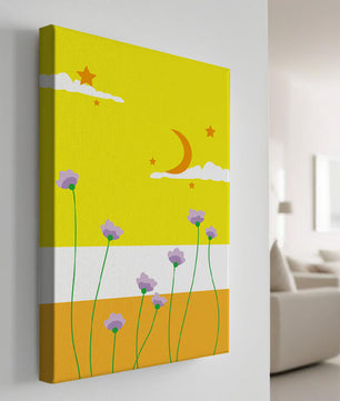 Illustrative landscape with crescent moon, stars, and flowers