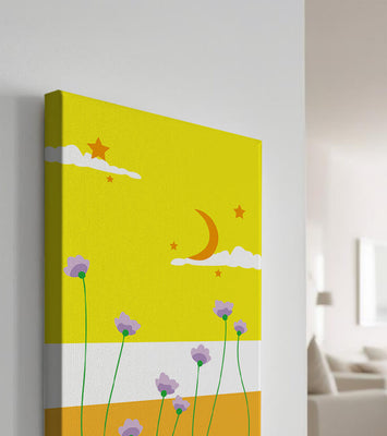 Illustrative landscape with crescent moon, stars, and flowers
