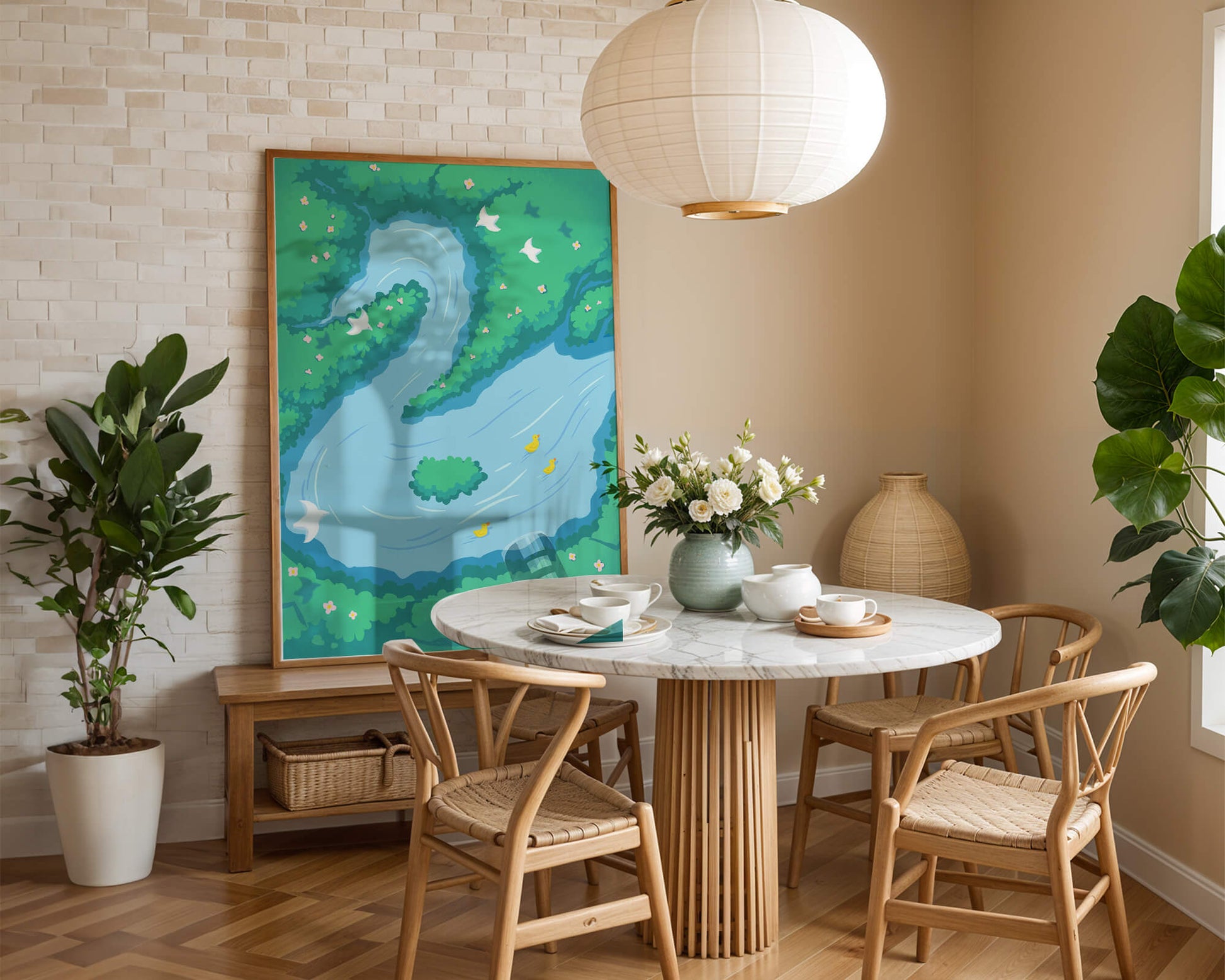 Río sereno con patos y aves en un paisaje exuberante