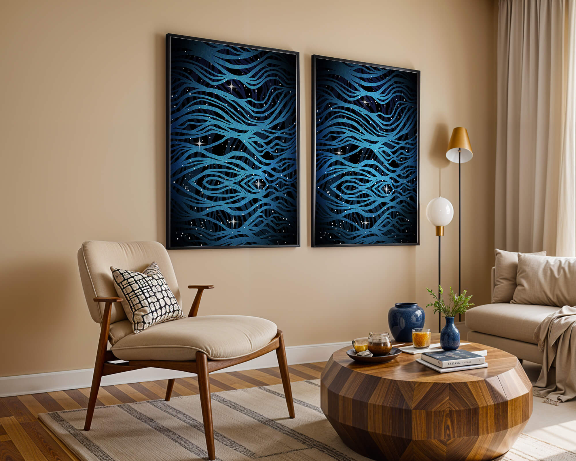 Abstract blue wave lines with starry night background