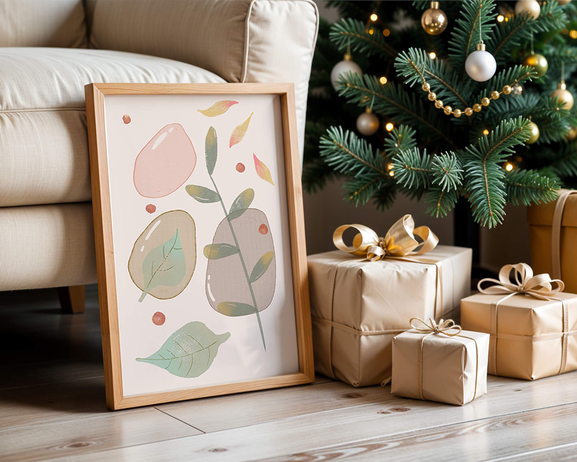 Abstract botanical illustration with pastel colored leaves and shapes