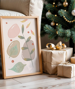 Abstract botanical illustration with pastel colored leaves and shapes
