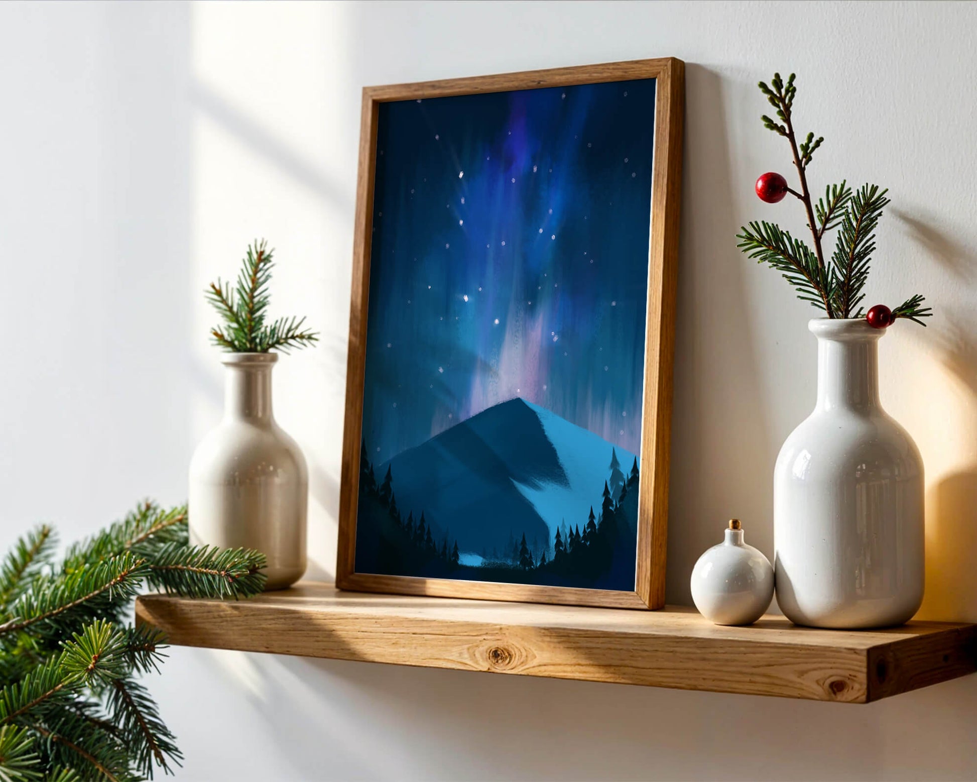 Paisaje montañoso sereno con auroras boreales y bosque oscuro