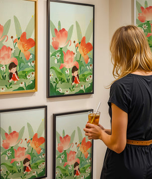 Encantador jardín floral con ilustración de niño caprichoso