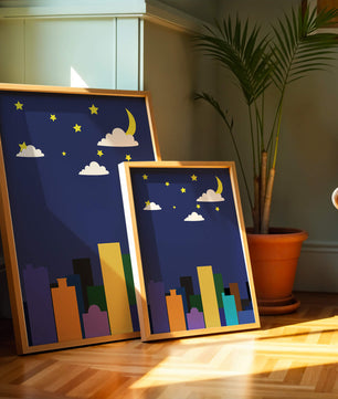 Night cityscape with colorful buildings and starry sky