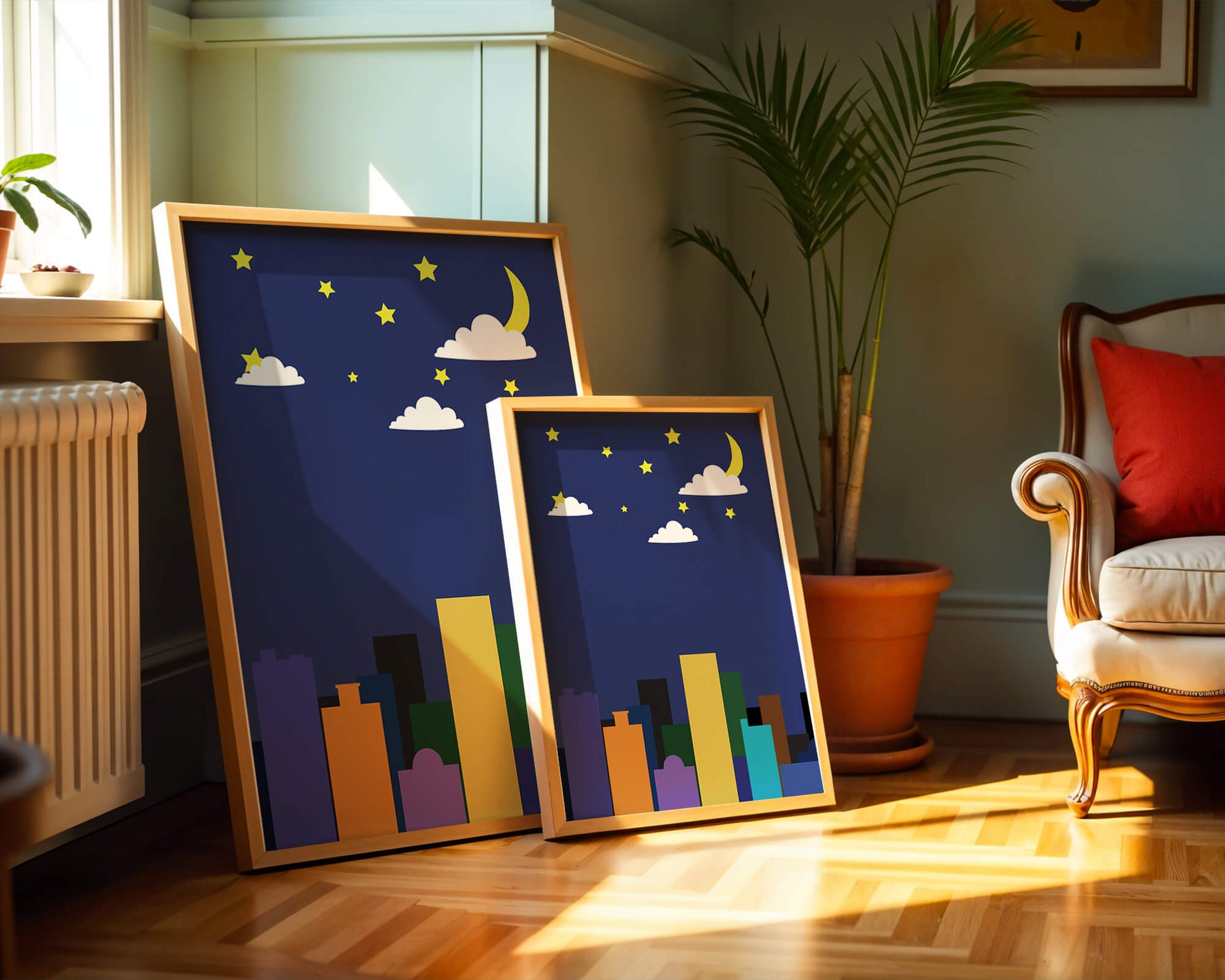 Night cityscape with colorful buildings and starry sky