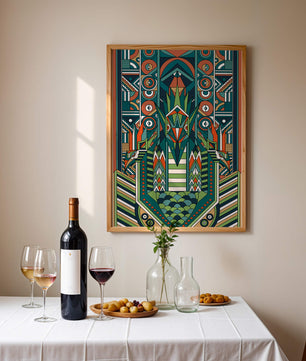Design géométrique abstrait inspiré de l’Art déco avec des motifs symétriques et un motif animal