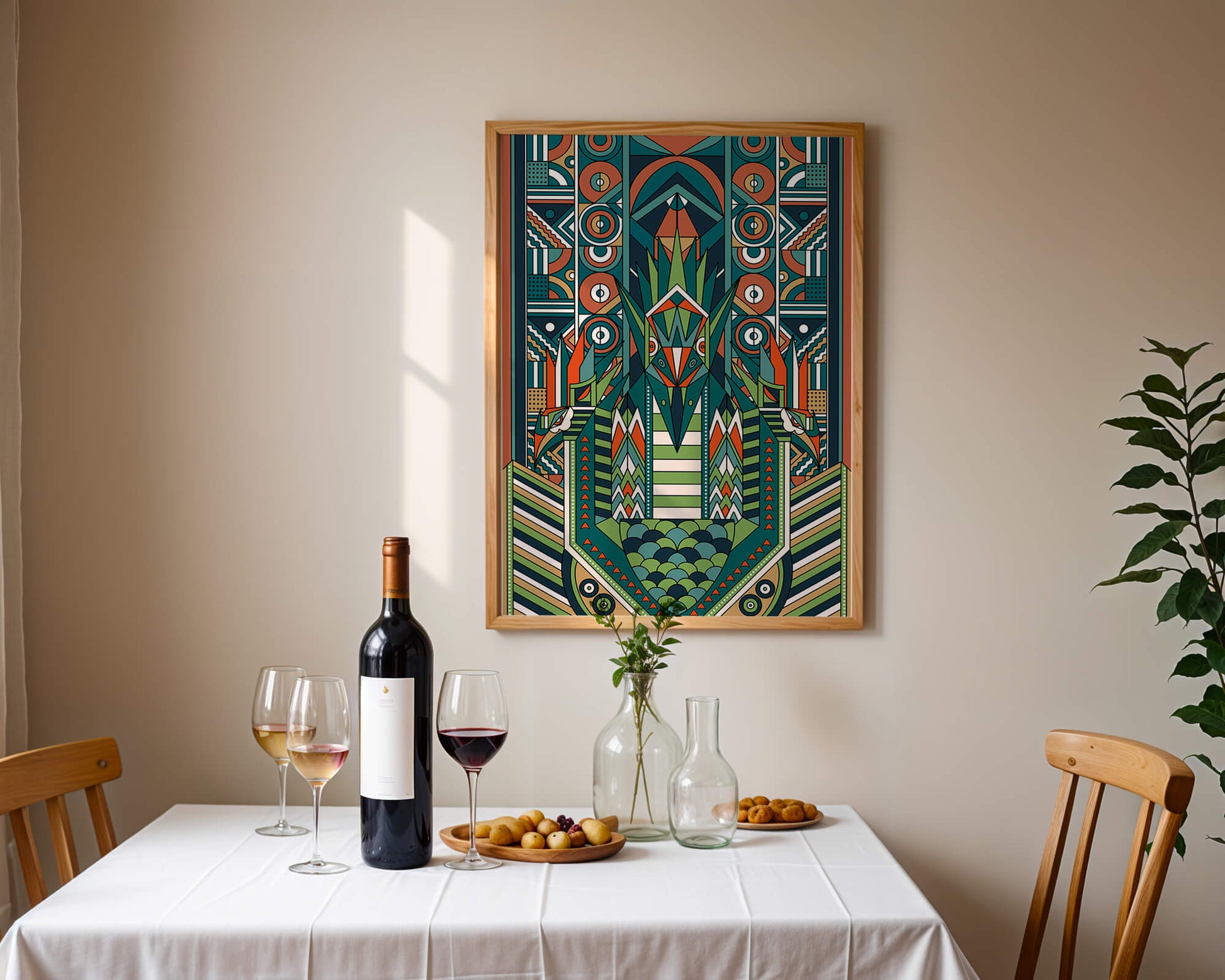 Art Deco Inspired Abstract Geometric Design with Symmetrical Patterns and Animal Motif