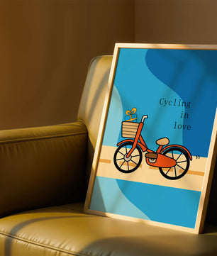 Bicicleta colorida con un regalo en la cesta sobre fondo azul