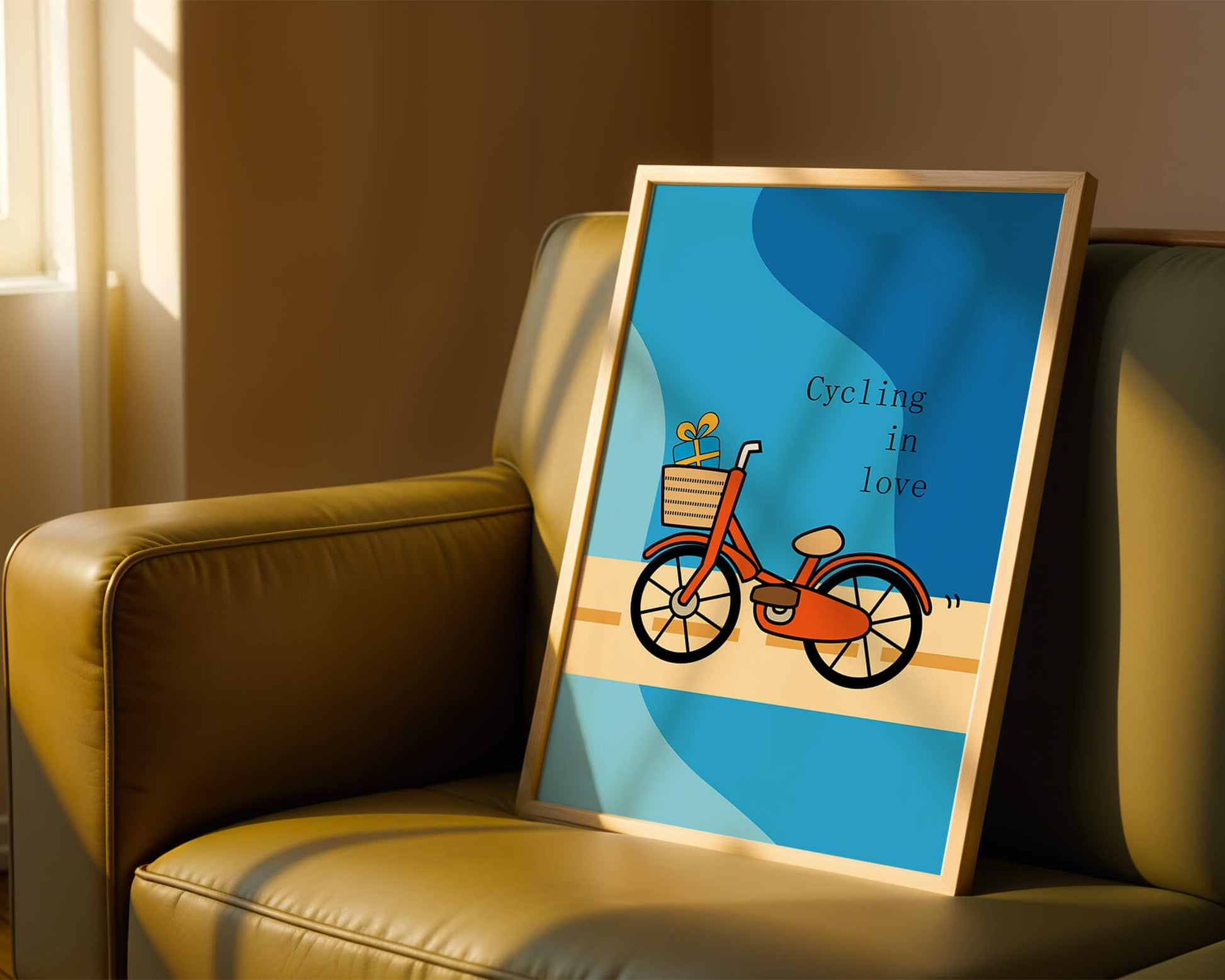 Colorful bicycle with a gift in basket against blue background
