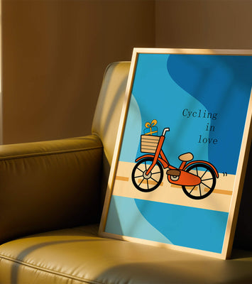 Colorful bicycle with a gift in basket against blue background