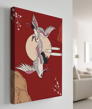 Elegant Asian-inspired artwork featuring flying cranes and cherry blossoms