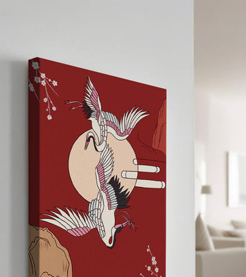 Elegant Asian-inspired artwork featuring flying cranes and cherry blossoms