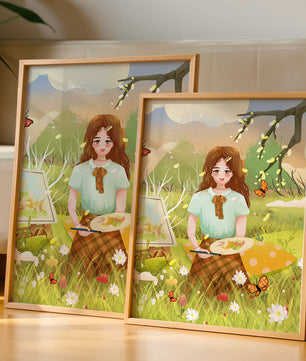 Ilustración de una chica pintando al aire libre rodeada de mariposas y flores