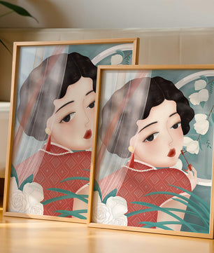 Elegant Asian Woman in Red Dress with White Roses and Pearls