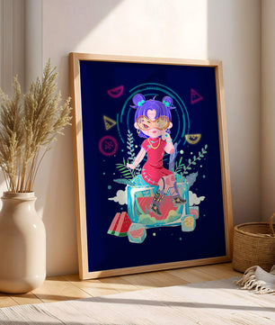 Personnage de dessin animé coloré avec des éléments futuristes
