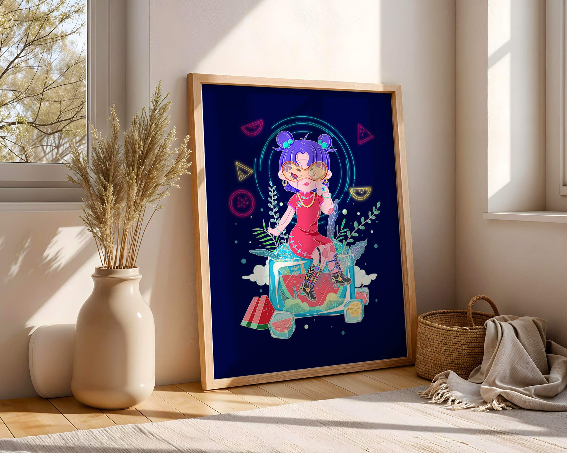 Personnage de dessin animé coloré avec des éléments futuristes