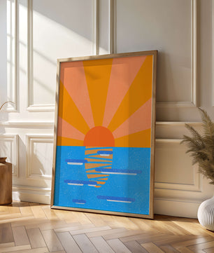 A vibrant sunrise illustration over the ocean with colorful rays
