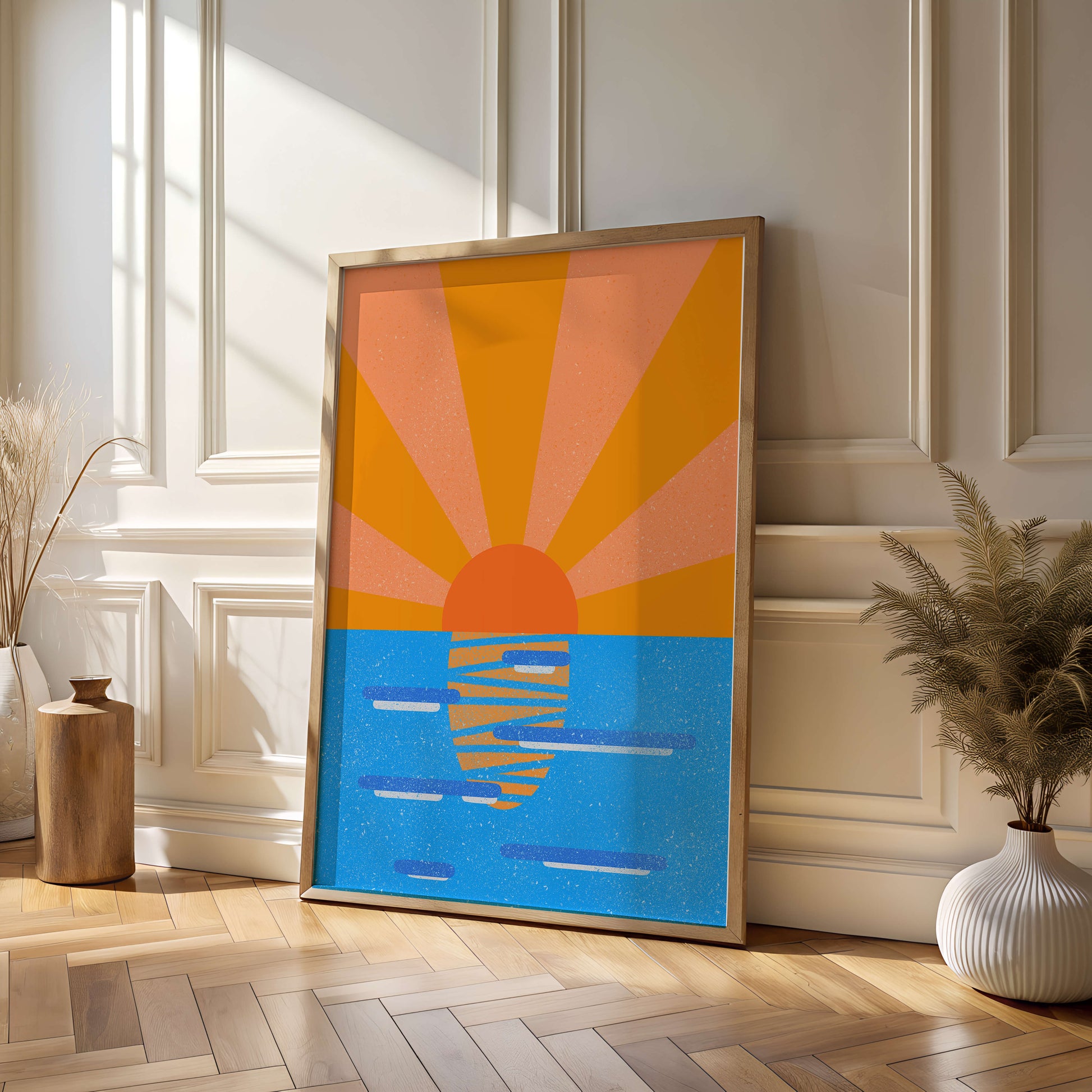 A vibrant sunrise illustration over the ocean with colorful rays