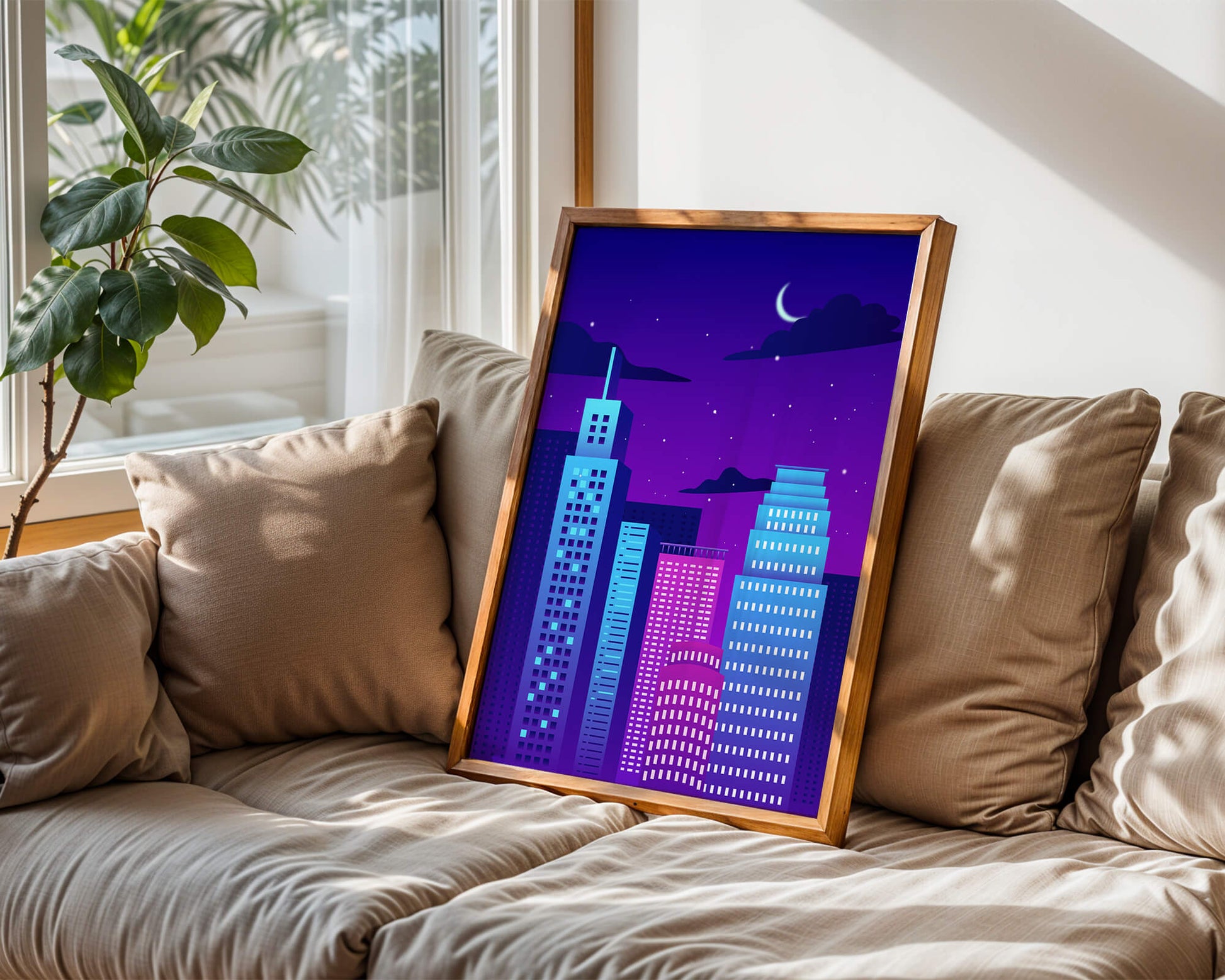 Vibrant city skyline at night with modern skyscrapers and starry sky